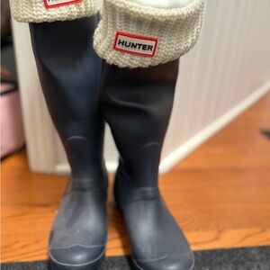 Hunter Navy Boots with White Knit Cuffs